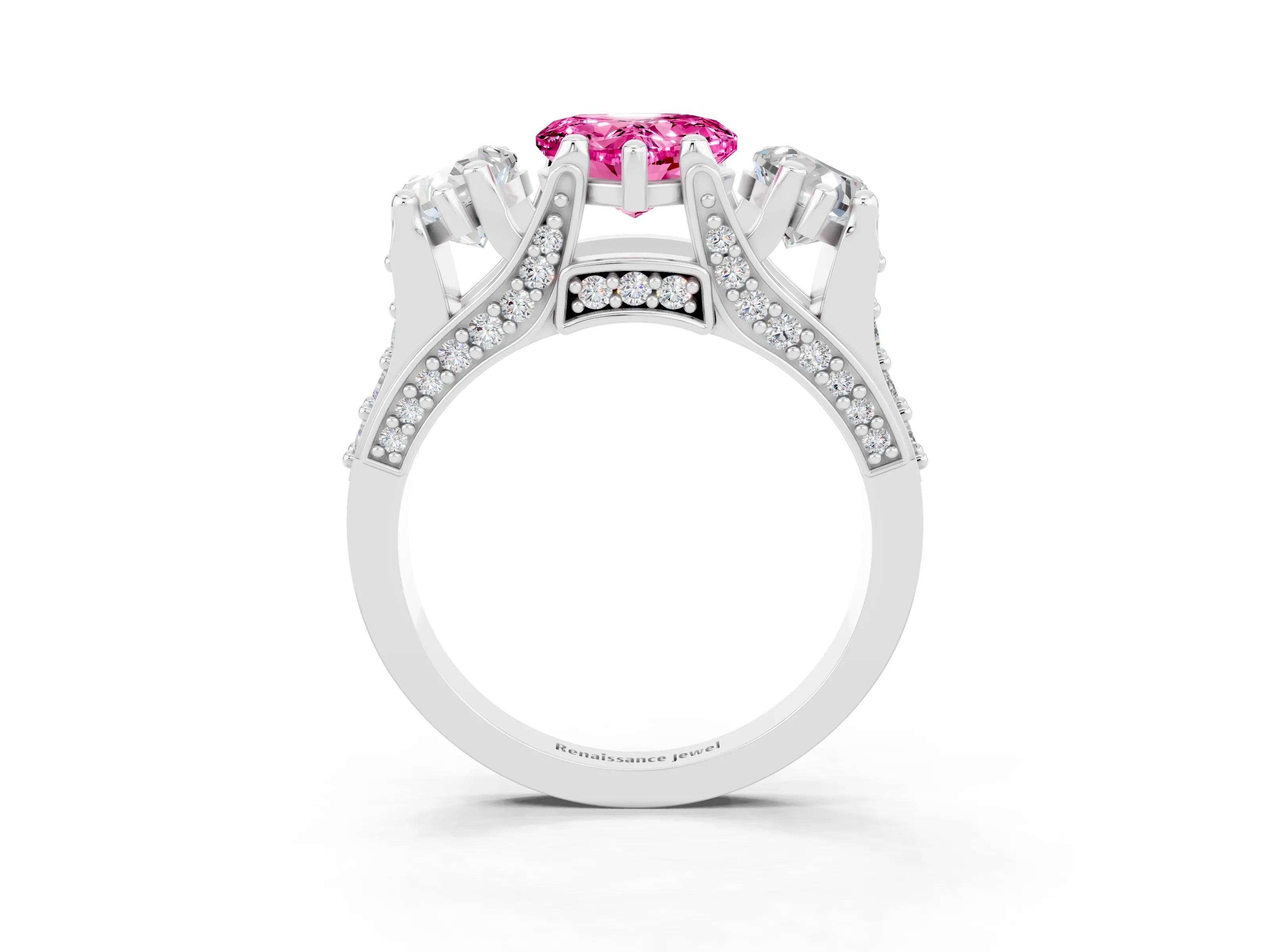 White gold Heart Cut Pink Sapphire Three-Stone Ring with Channel Set Band and Four-Prong Setting_3