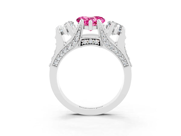 Silver Heart Cut Pink Sapphire Three-Stone Ring with Channel Set Band and Four-Prong Setting