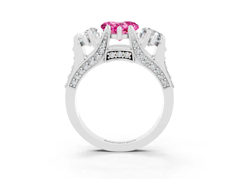 White gold Heart Cut Pink Sapphire Three-Stone Ring with Channel Set Band and Four-Prong Setting_3