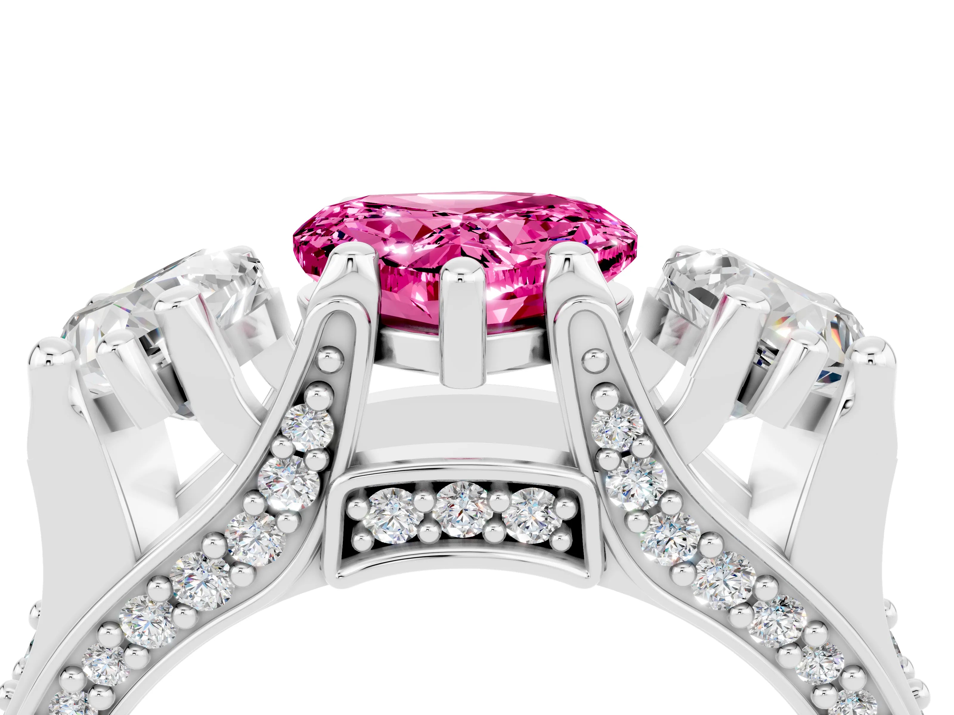 White gold Heart Cut Pink Sapphire Three-Stone Ring with Channel Set Band and Four-Prong Setting_4