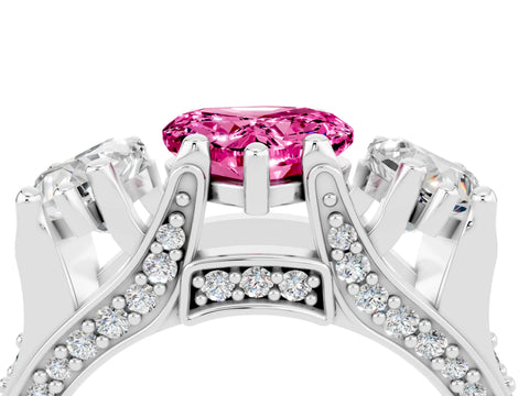 White gold Heart Cut Pink Sapphire Three-Stone Ring with Channel Set Band and Four-Prong Setting_4
