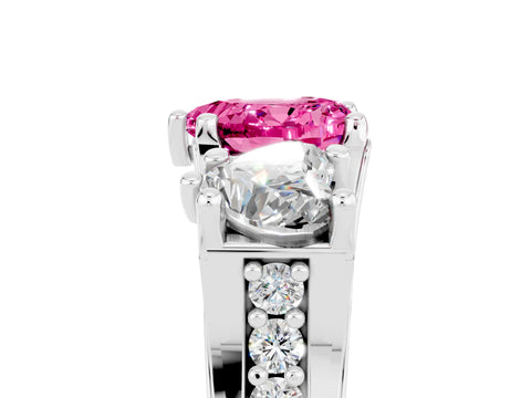 White gold Heart Cut Pink Sapphire Three-Stone Ring with Channel Set Band and Four-Prong Setting_5