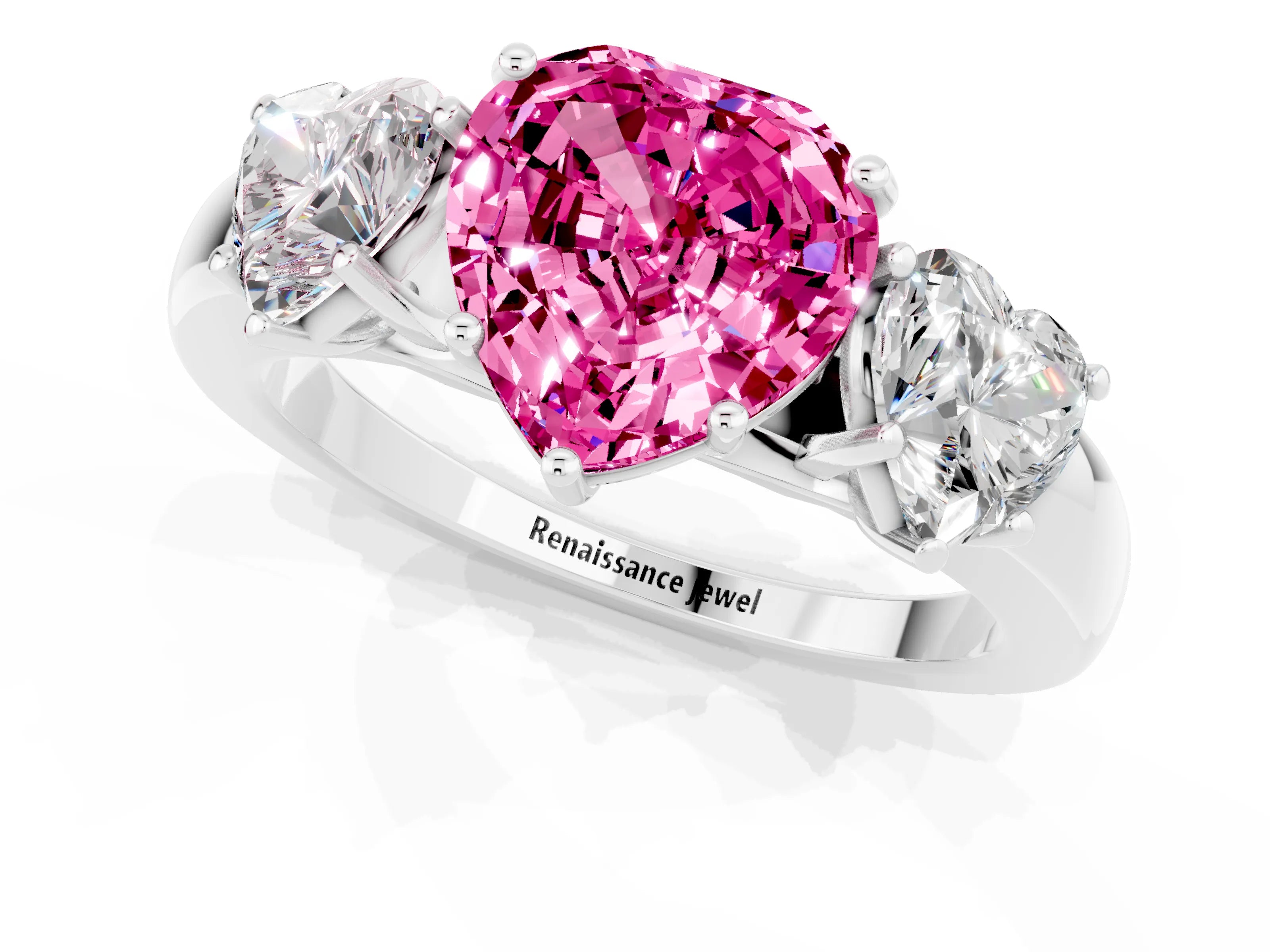 White gold Heart Cut Pink Sapphire Three-Stone Ring with Four-Prong Setting and Classic Band_1