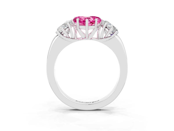 White gold Heart Cut Pink Sapphire Three-Stone Ring with Four-Prong Setting and Classic Band