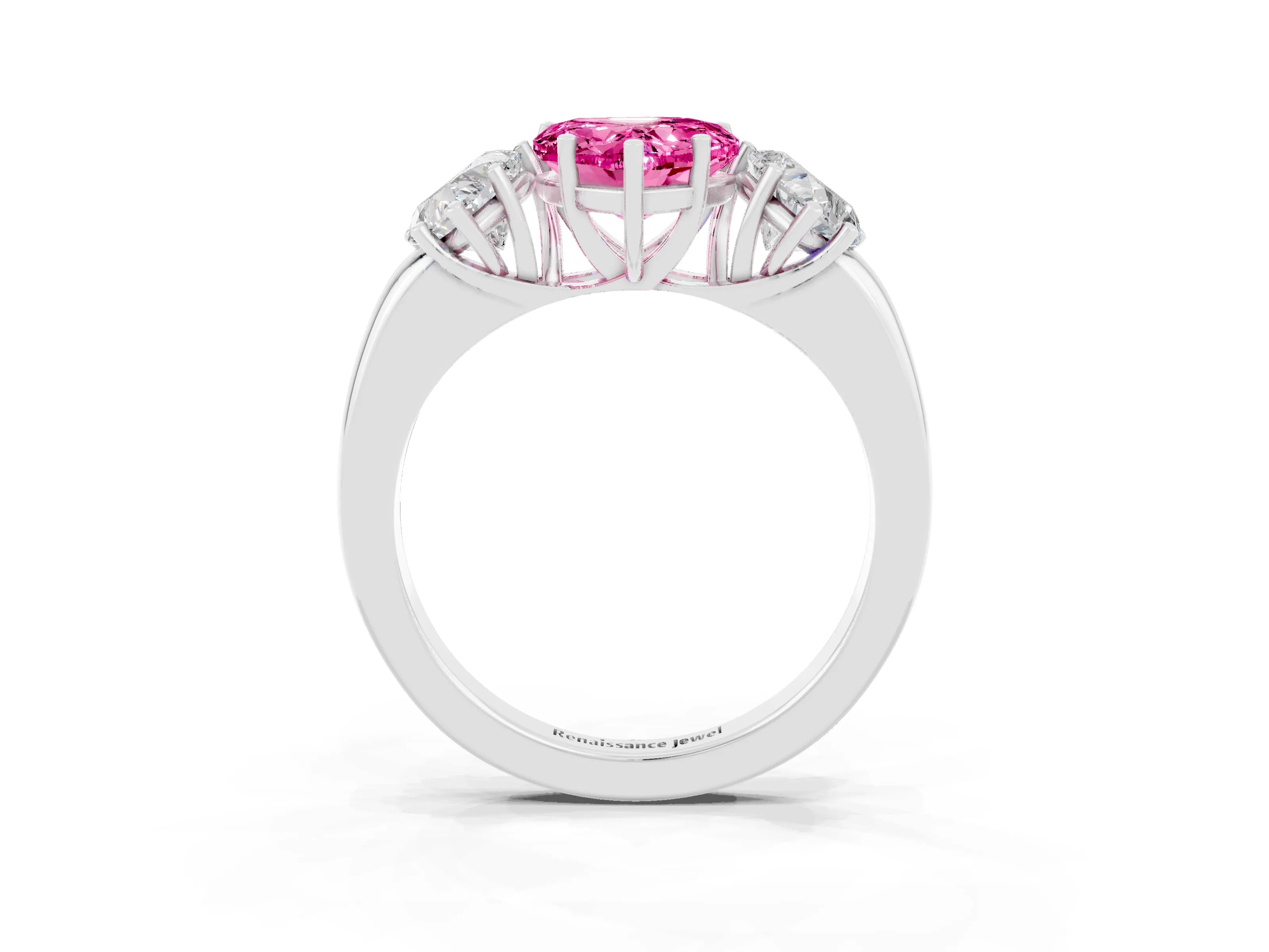 White gold Heart Cut Pink Sapphire Three-Stone Ring with Four-Prong Setting and Classic Band_3