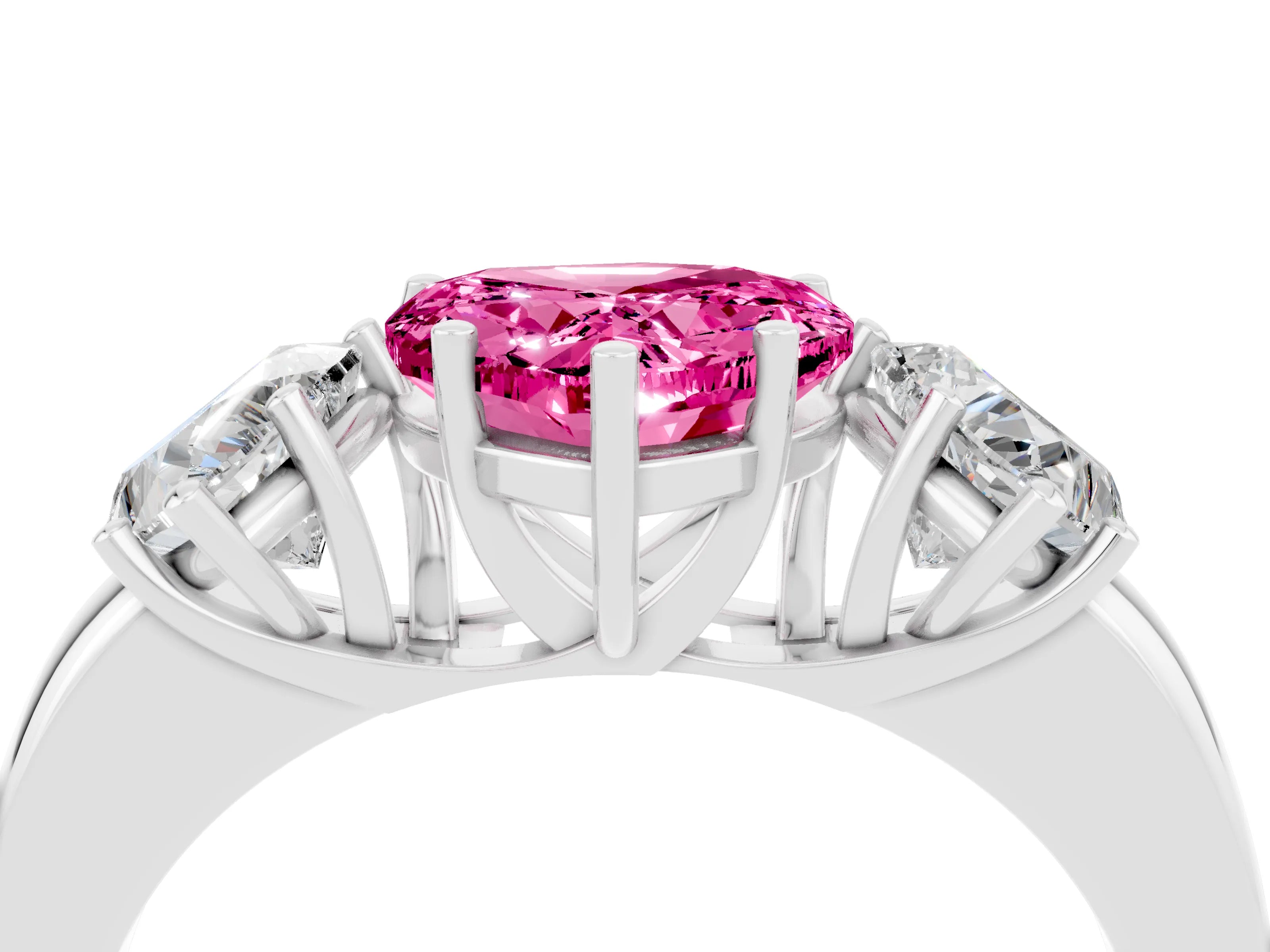 White gold Heart Cut Pink Sapphire Three-Stone Ring with Four-Prong Setting and Classic Band_4