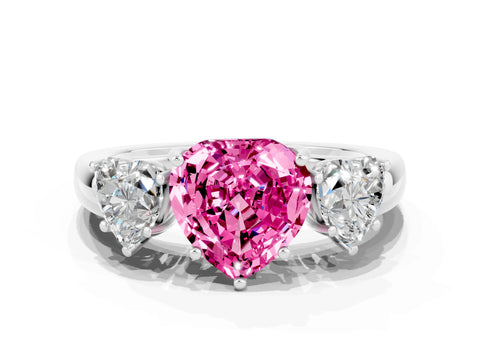 White gold Heart Cut Pink Sapphire Three-Stone Ring with Four-Prong Setting and Classic Band