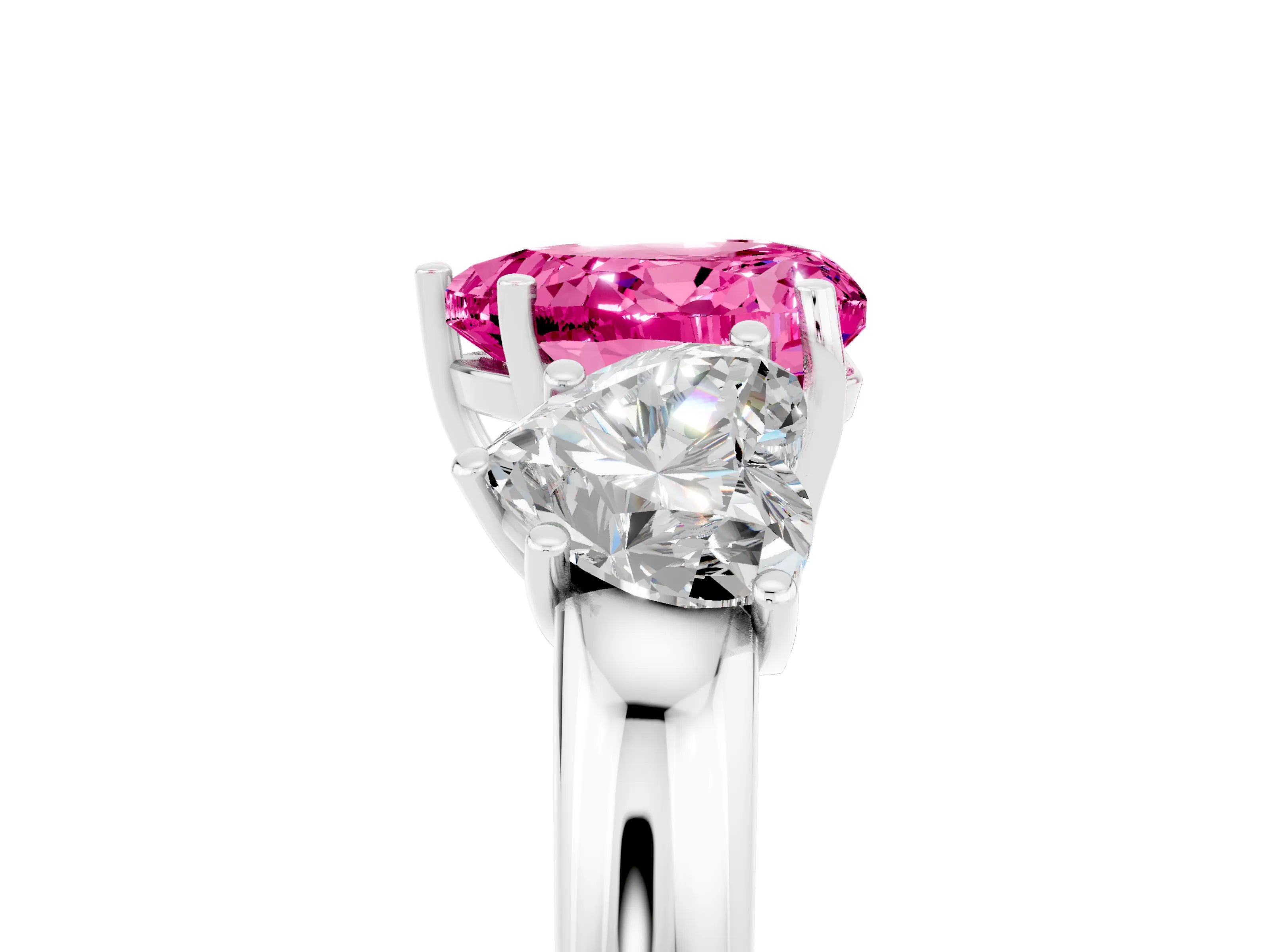 White gold Heart Cut Pink Sapphire Three-Stone Ring with Four-Prong Setting and Classic Band_5