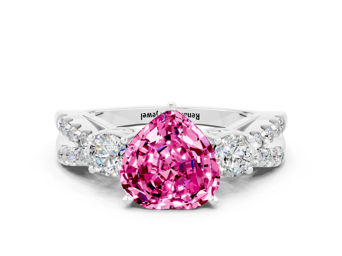 White gold Heart Cut Pink Sapphire Three-Stone Ring with Pavé Split Shank and Four-Prong Setting_42