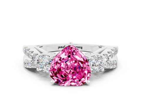 White gold Heart Cut Pink Sapphire Three-Stone Ring with Pavé Split Shank and Four-Prong Setting_42