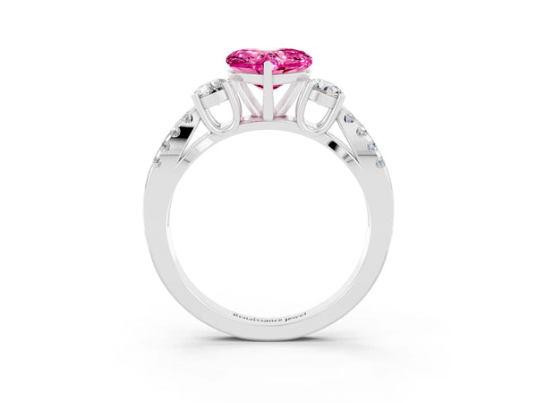White gold Heart Cut Pink Sapphire Three-Stone Ring with Pavé Split Shank and Four-Prong Setting