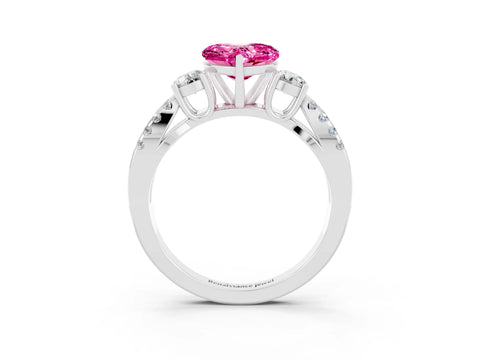 White gold Heart Cut Pink Sapphire Three-Stone Ring with Pavé Split Shank and Four-Prong Setting_51