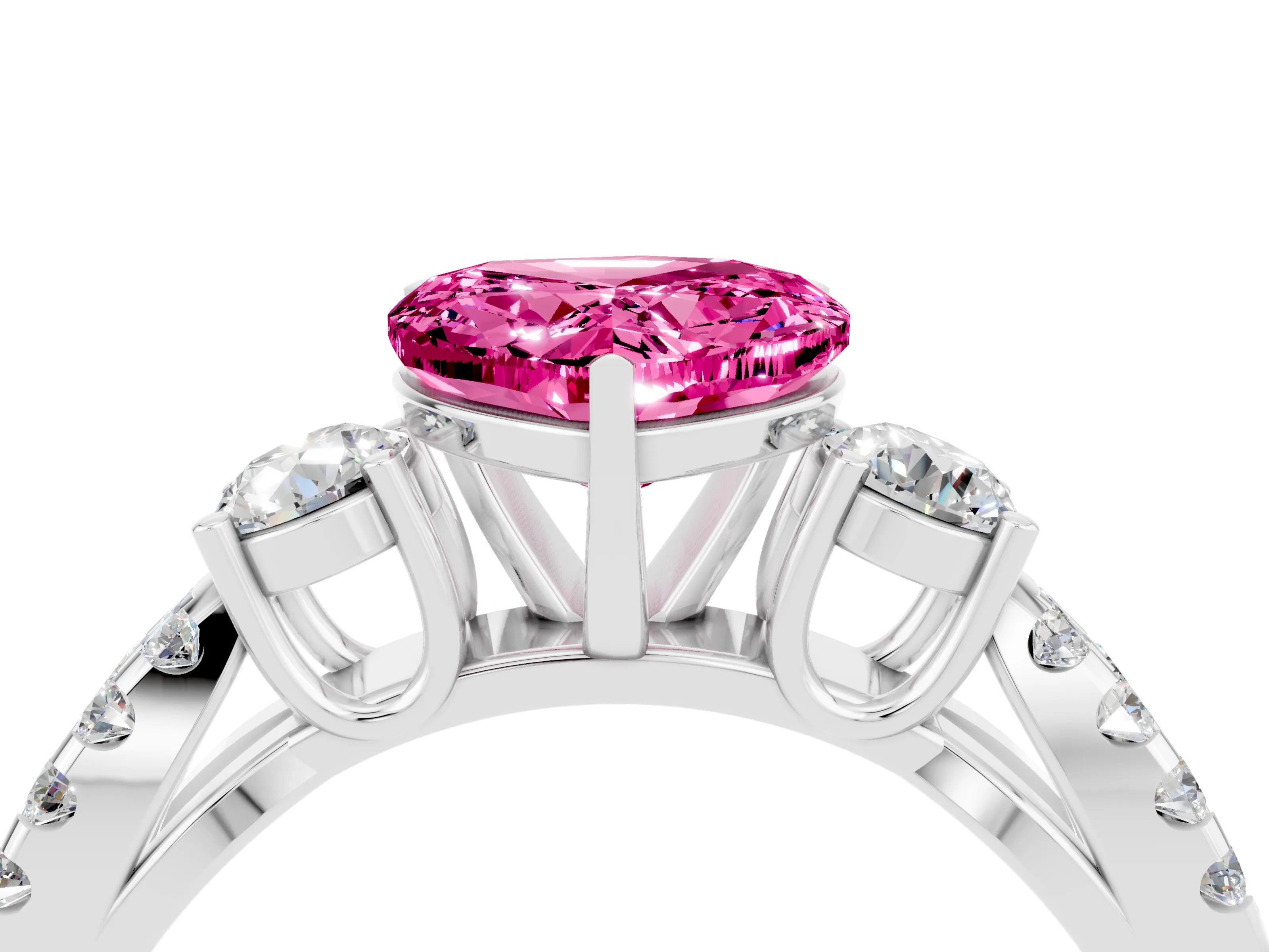 White gold Heart Cut Pink Sapphire Three-Stone Ring with Pavé Split Shank and Four-Prong Setting_52