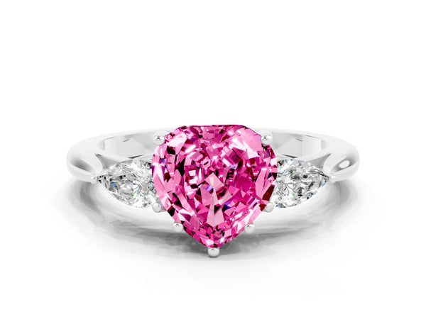 Silver Heart Cut Pink Sapphire Three-Stone Ring with Pear  Side Stones and Prong Setting