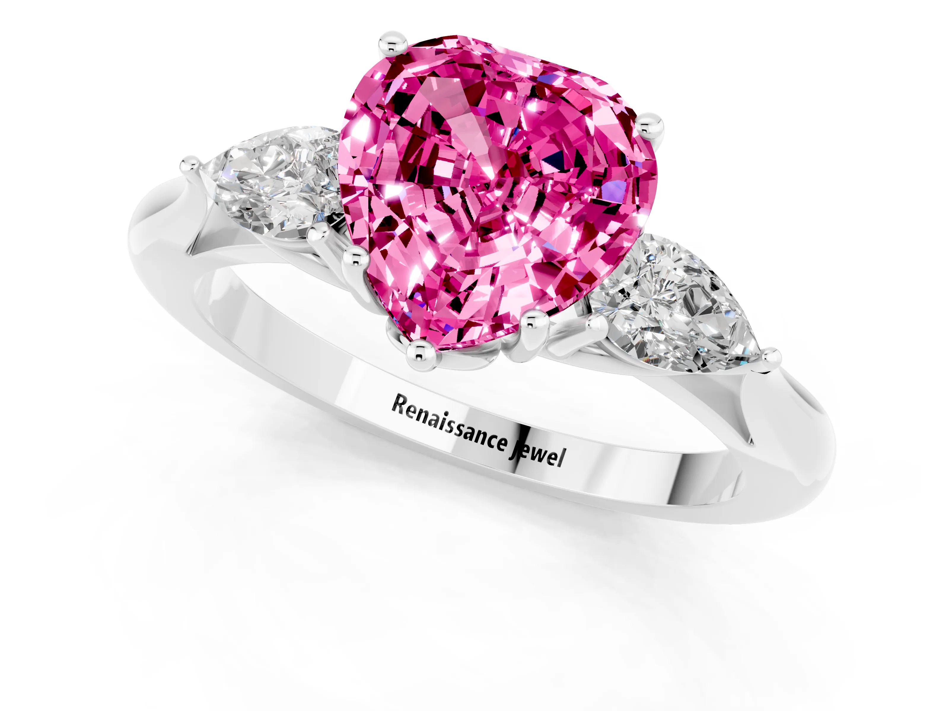White gold Heart Cut Pink Sapphire Three-Stone Ring with Pear Side Stones and Four-Prong Setting_13