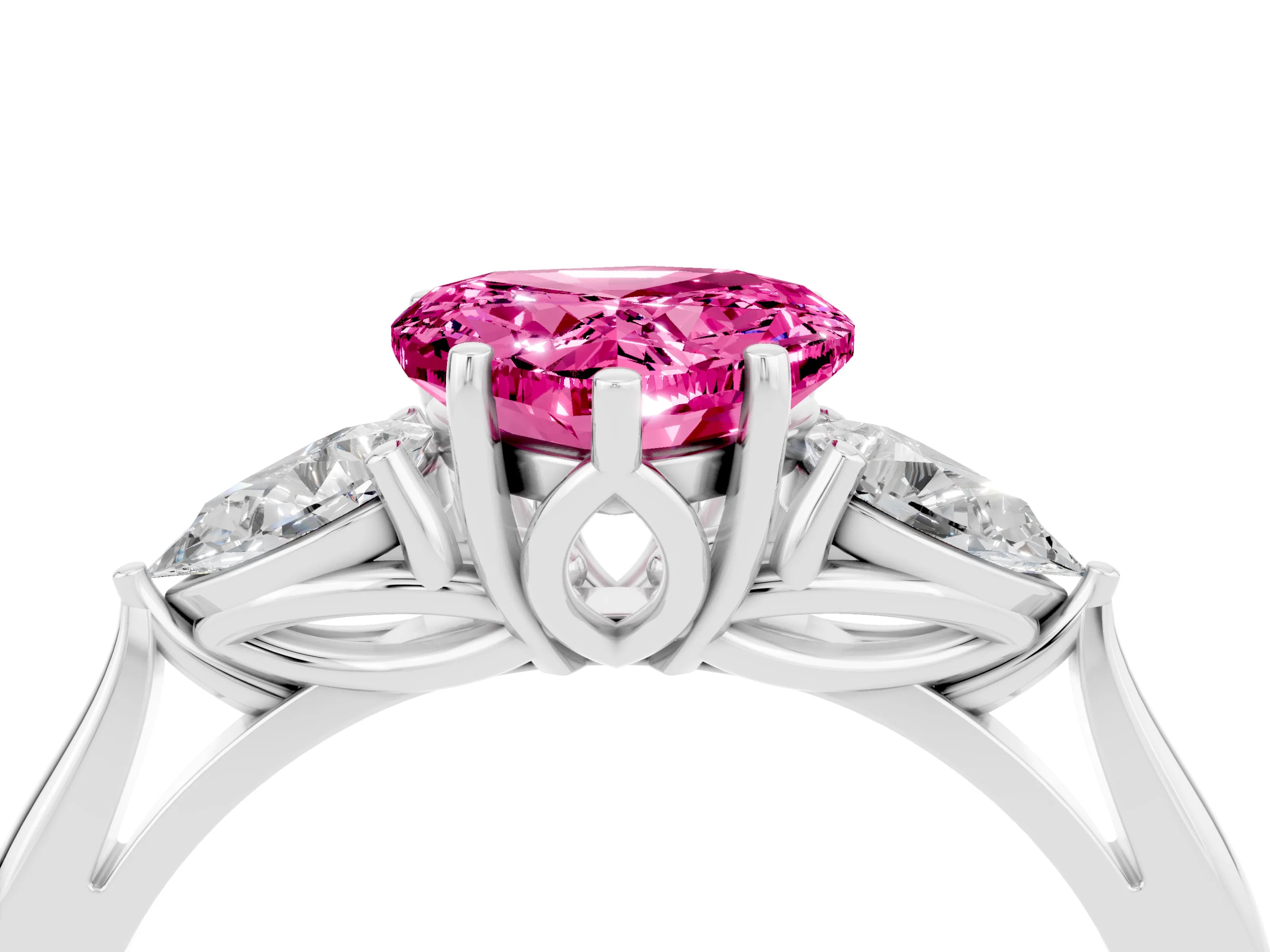 White gold Heart Cut Pink Sapphire Three-Stone Ring with Pear Side Stones and Four-Prong Setting_16