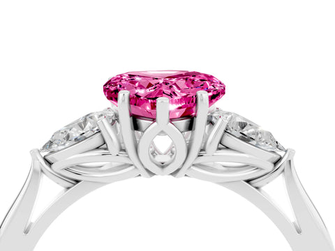 White gold Heart Cut Pink Sapphire Three-Stone Ring with Pear Side Stones and Four-Prong Setting_16