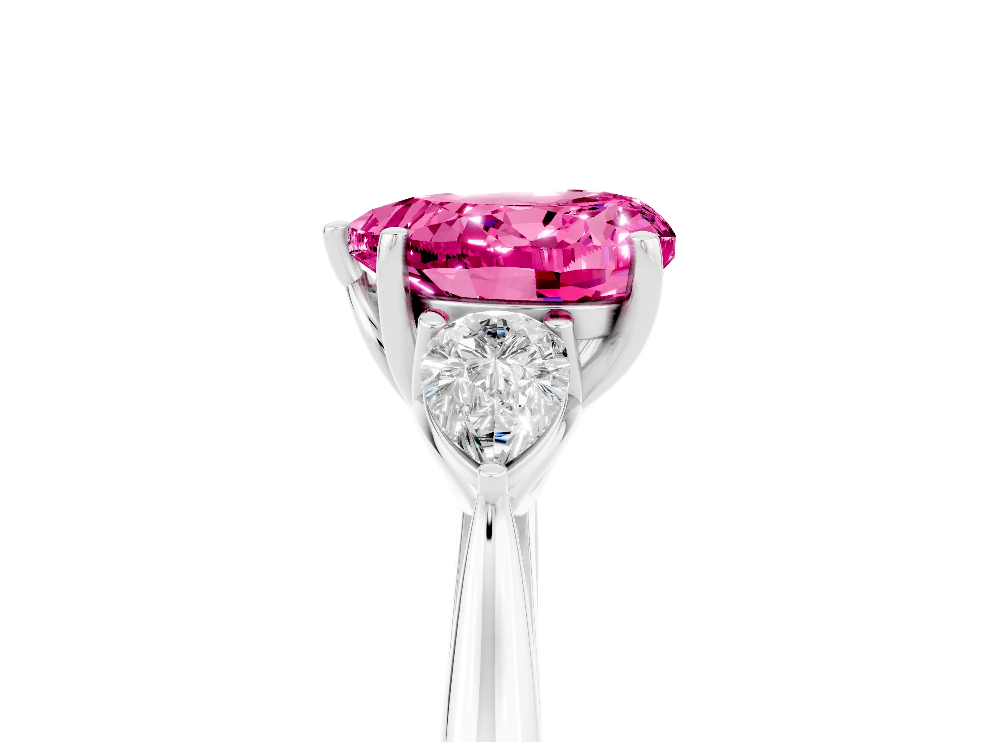 White gold Heart Cut Pink Sapphire Three-Stone Ring with Pear Side Stones and Four-Prong Setting_17