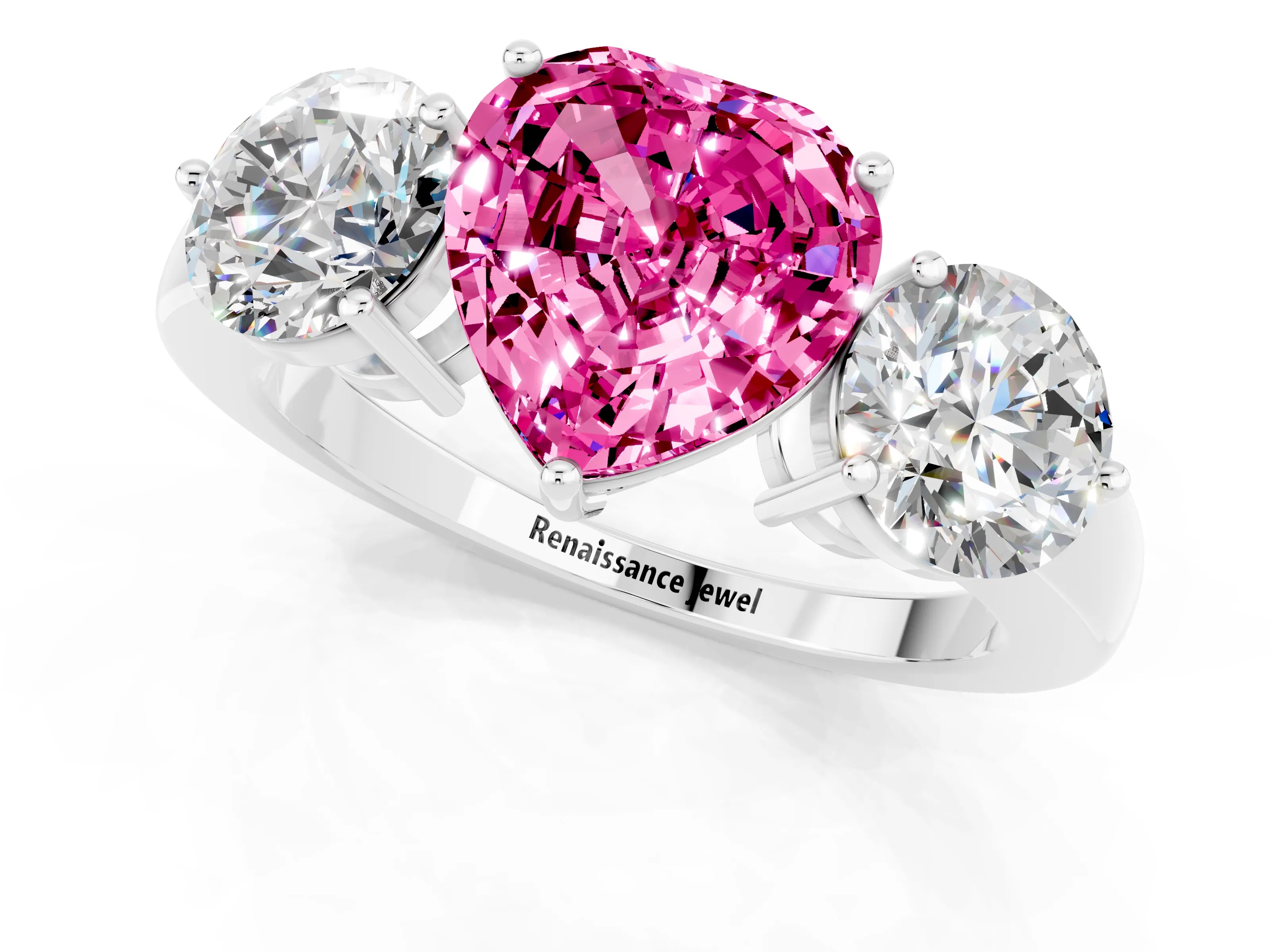White gold Heart Cut Pink Sapphire Three-Stone Ring with Prong Setting and Classic Band_1