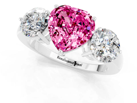 White gold Heart Cut Pink Sapphire Three-Stone Ring with Prong Setting and Classic Band_1