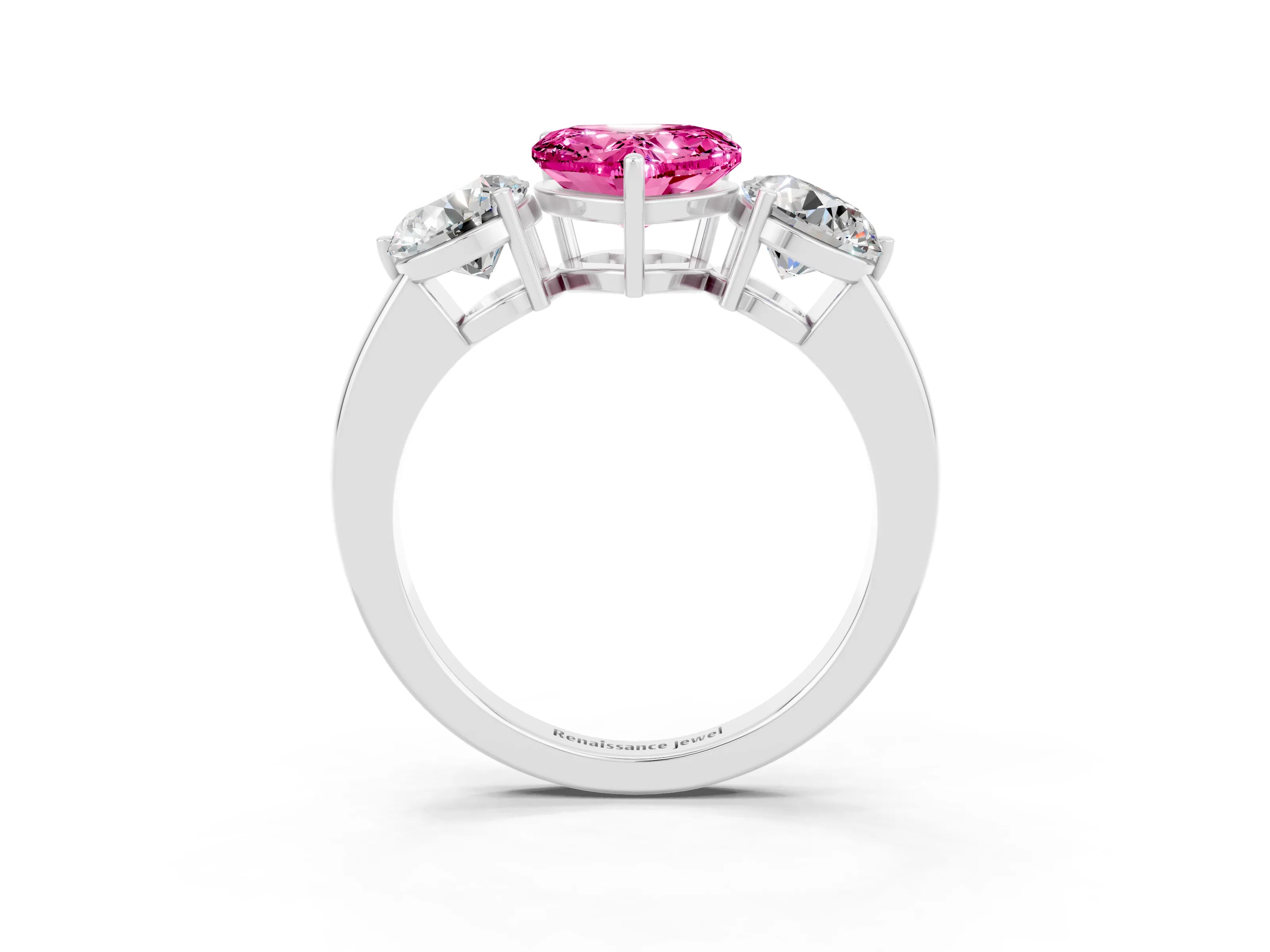 White gold Heart Cut Pink Sapphire Three-Stone Ring with Prong Setting and Classic Band_3