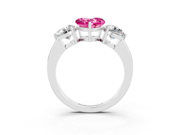 Platinum Heart Cut Pink Sapphire Three-Stone Ring with Prong Setting and Classic Band