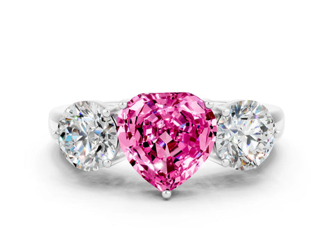 White gold Heart Cut Pink Sapphire Three-Stone Ring with Prong Setting and Classic Band