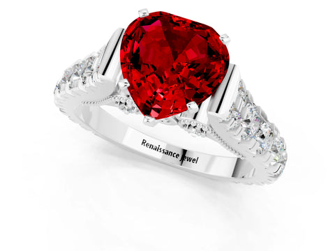 White gold Heart Cut Ruby Classic Solitaire Ring with Pavé Band and Four-Prong Setting_1