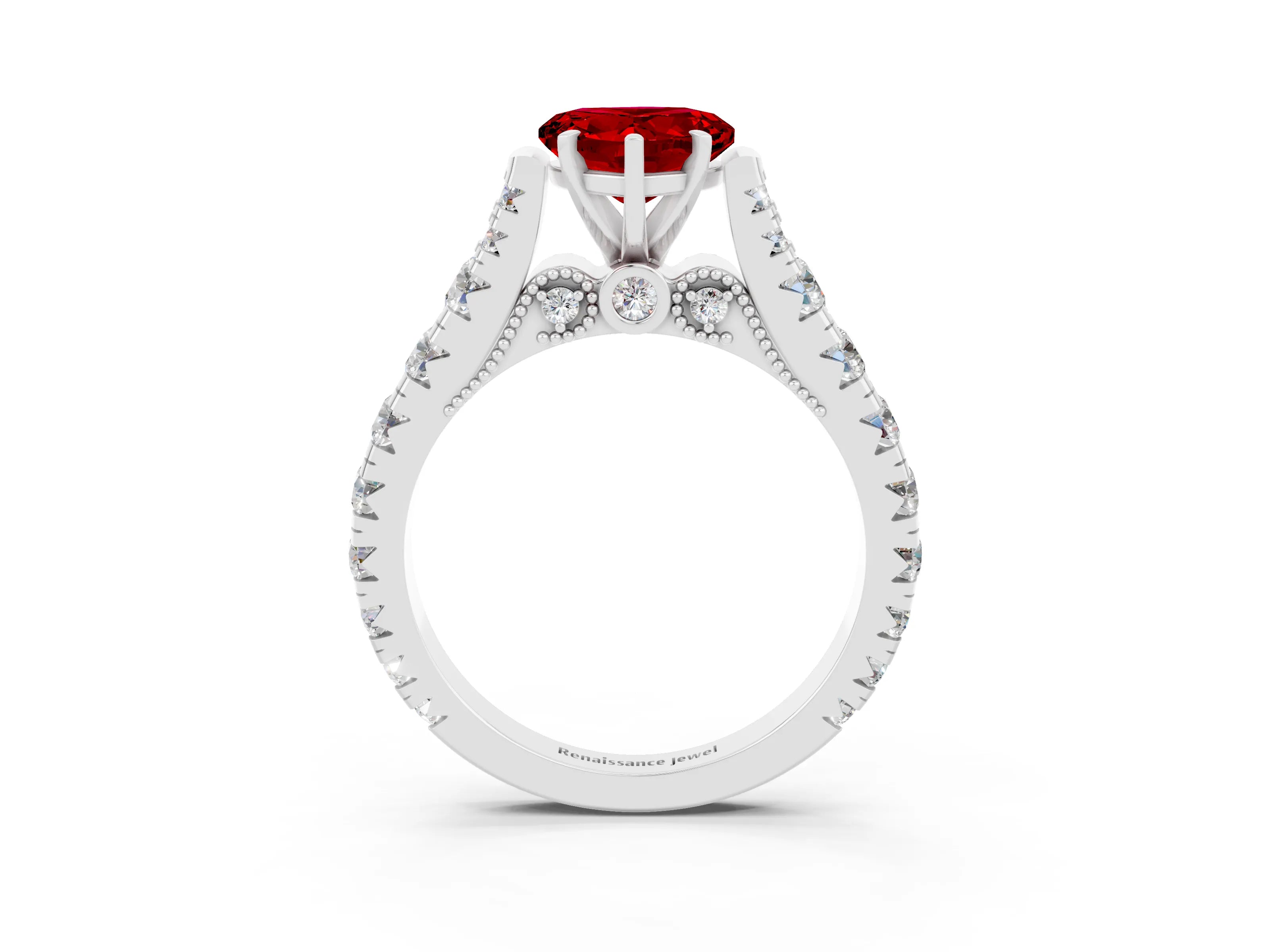White gold Heart Cut Ruby Classic Solitaire Ring with Pavé Band and Four-Prong Setting_3