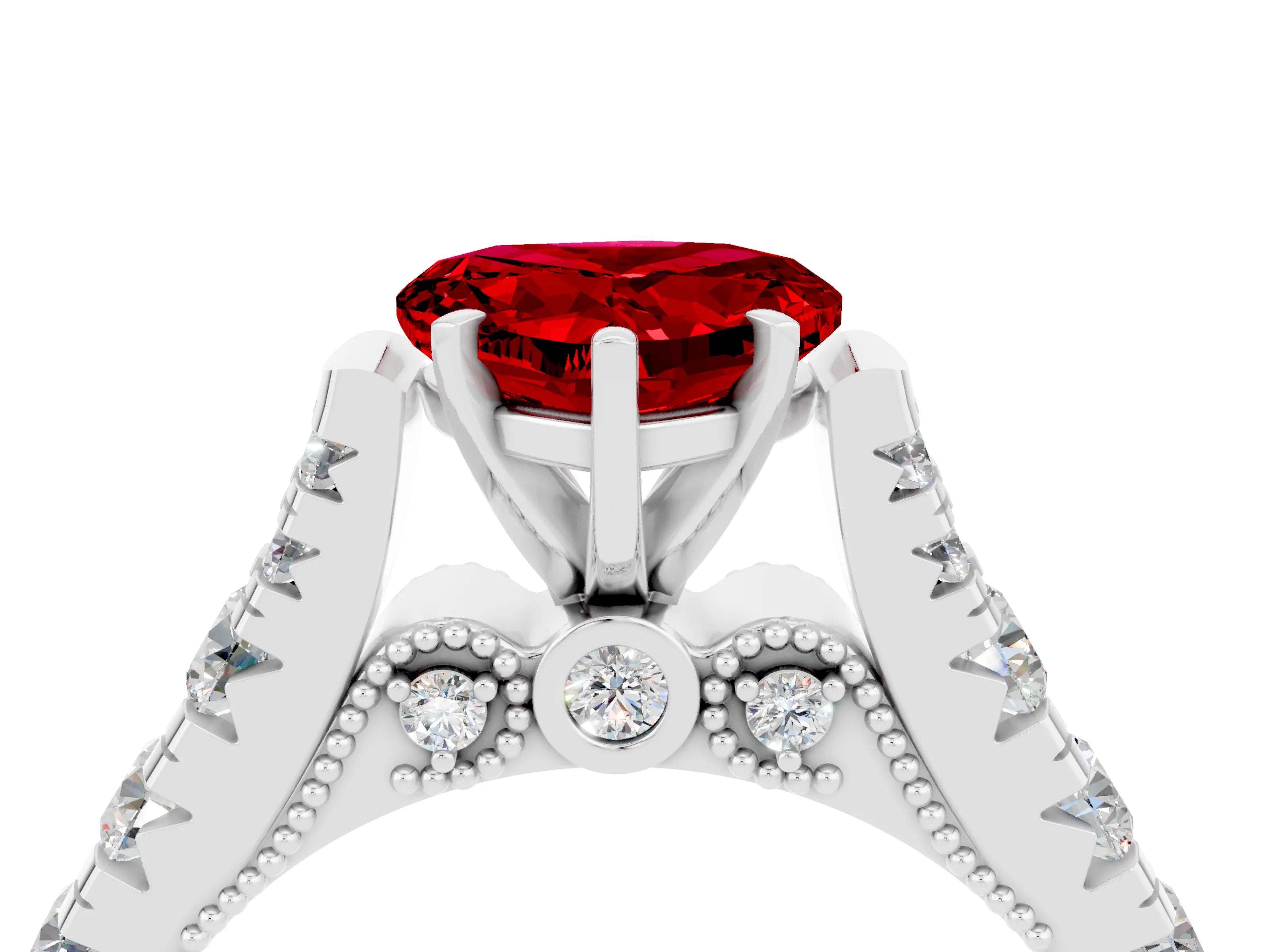 White gold Heart Cut Ruby Classic Solitaire Ring with Pavé Band and Four-Prong Setting_4