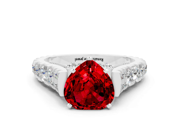 White gold Heart Cut Ruby Classic Solitaire Ring with Pavé Band and Four-Prong Setting