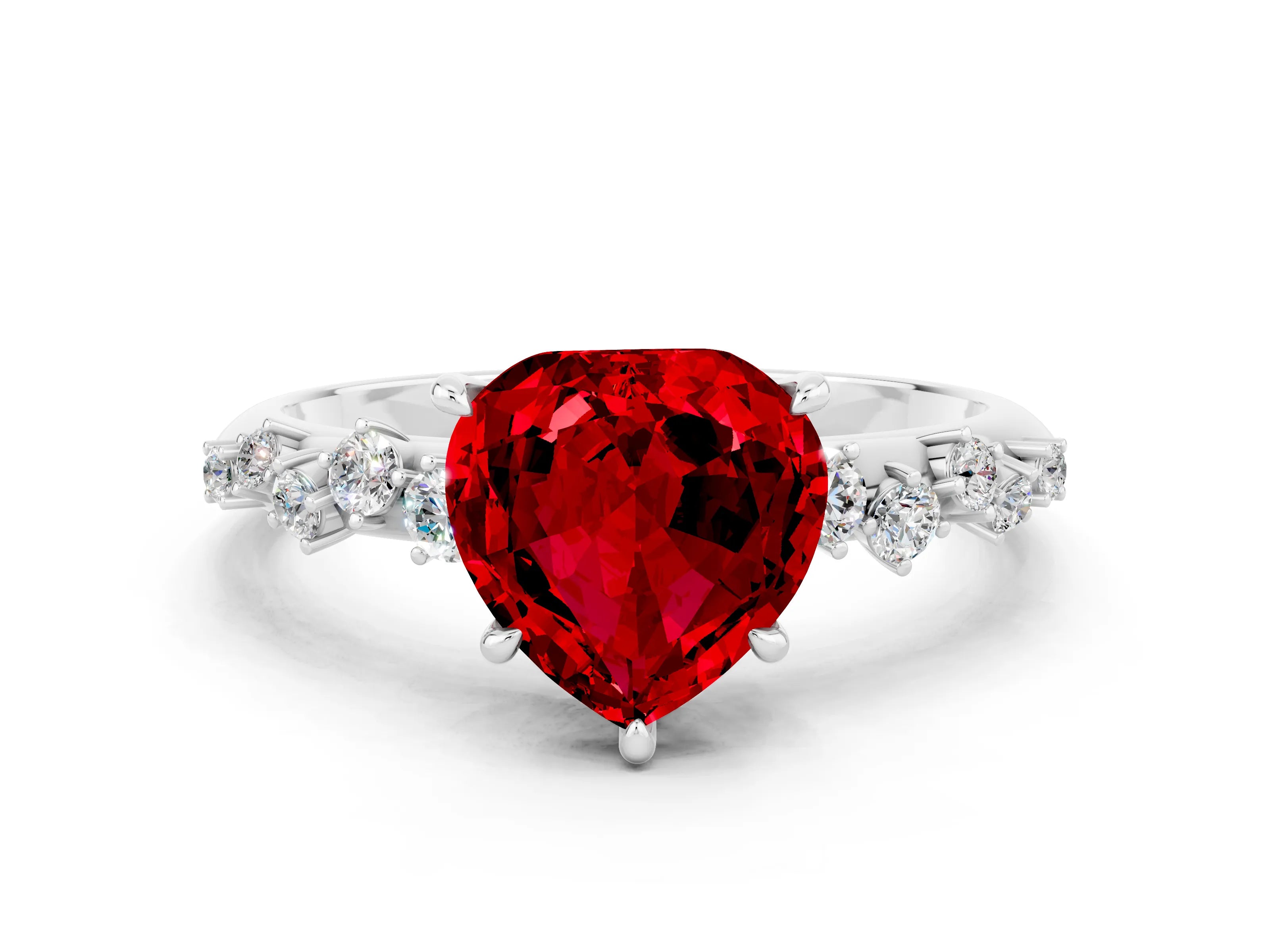 White gold Heart Cut Ruby Cluster Side Stone Solitaire Ring with Prong Setting_24
