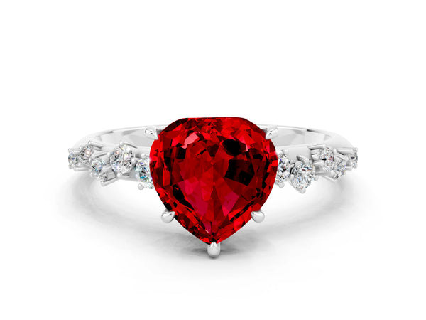 Silver Heart Cut Ruby Cluster Side Stone Solitaire Ring with Prong Setting