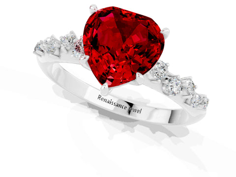 White gold Heart Cut Ruby Cluster Side Stone Solitaire Ring with Prong Setting_25