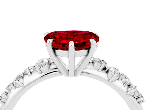 White gold Heart Cut Ruby Cluster Side Stone Solitaire Ring with Prong Setting_28