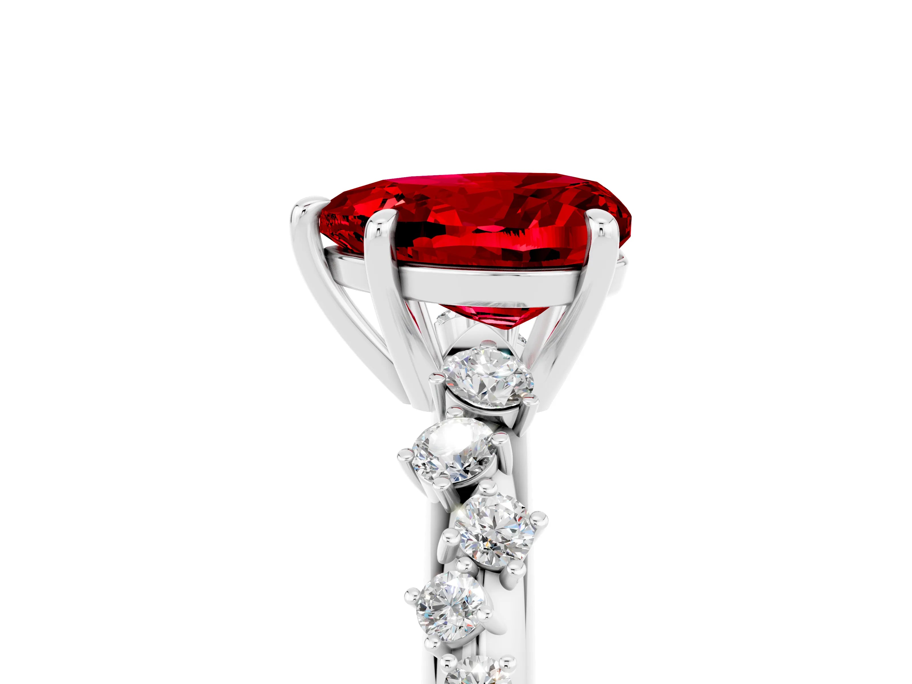 White gold Heart Cut Ruby Cluster Side Stone Solitaire Ring with Prong Setting_29