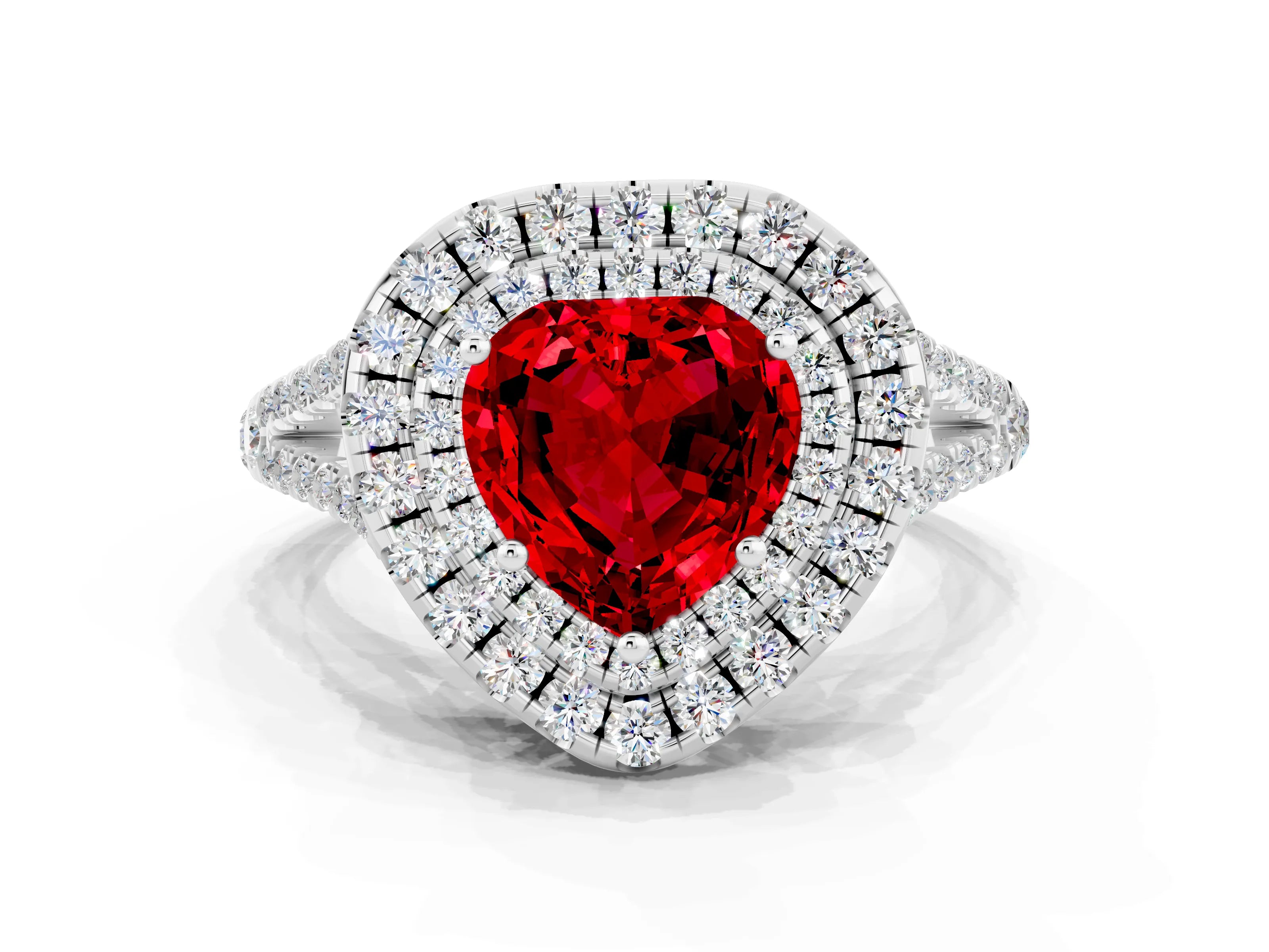 White gold Heart Cut Ruby Double Halo Ring with Pavé Band and Prong Setting_12