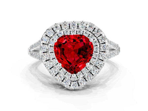 Silver Heart Cut Ruby Double Halo Ring with Pavé Band and Prong Setting