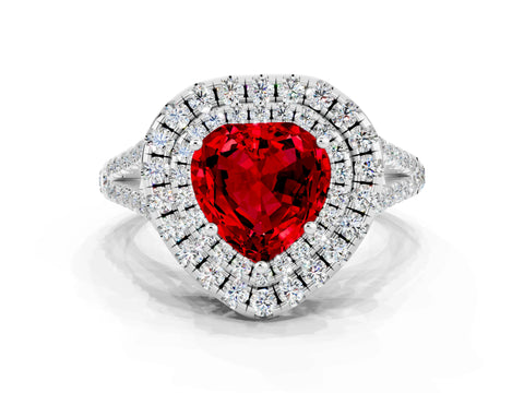 White gold Heart Cut Ruby Double Halo Ring with Pavé Band and Prong Setting_12