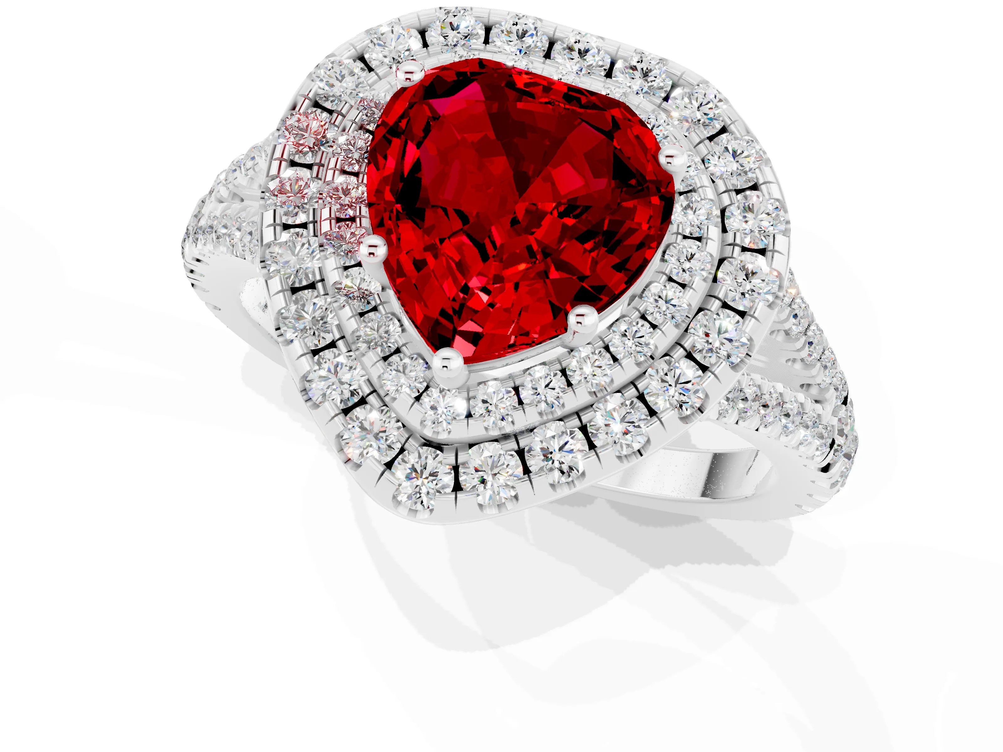 White gold Heart Cut Ruby Double Halo Ring with Pavé Band and Prong Setting_13
