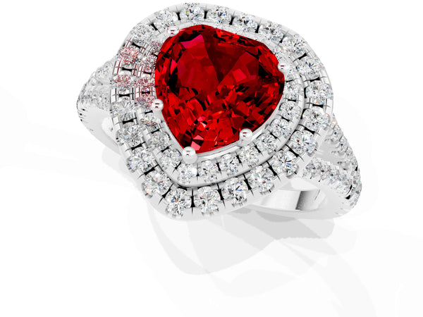 Silver Heart Cut Ruby Double Halo Ring with Pavé Band and Prong Setting