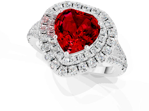 White gold Heart Cut Ruby Double Halo Ring with Pavé Band and Prong Setting_13