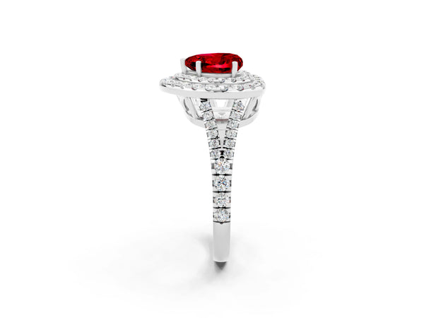 White gold Heart Cut Ruby Double Halo Ring with Pavé Band and Prong Setting
