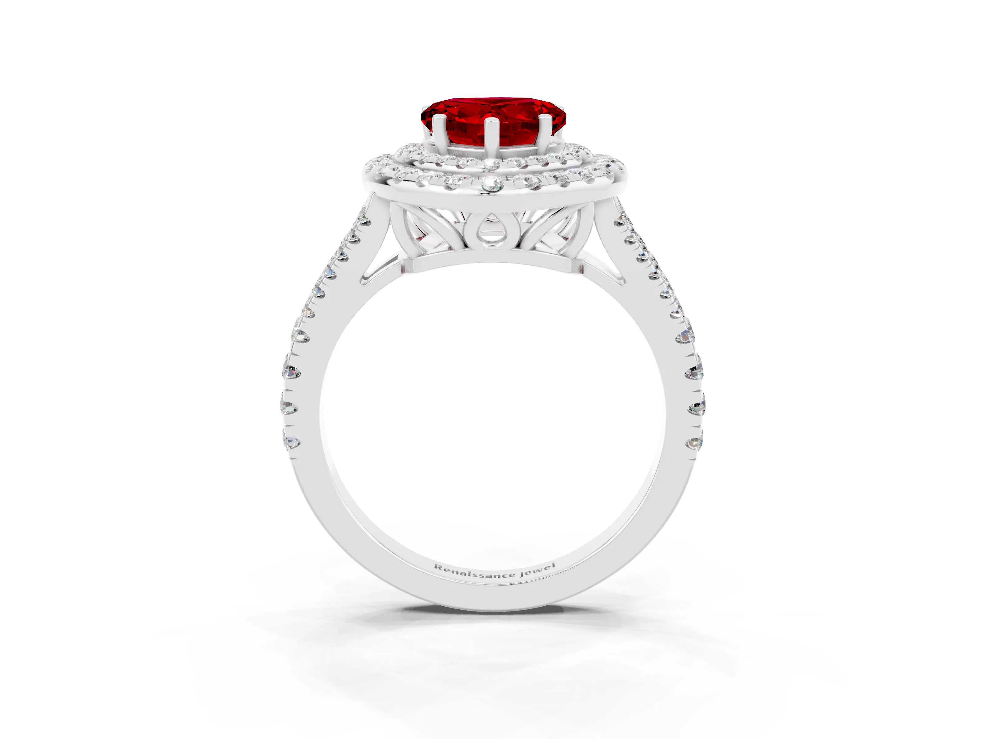 White gold Heart Cut Ruby Double Halo Ring with Pavé Band and Prong Setting_15