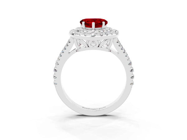 White gold Heart Cut Ruby Double Halo Ring with Pavé Band and Prong Setting