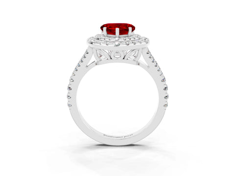 White gold Heart Cut Ruby Double Halo Ring with Pavé Band and Prong Setting_15
