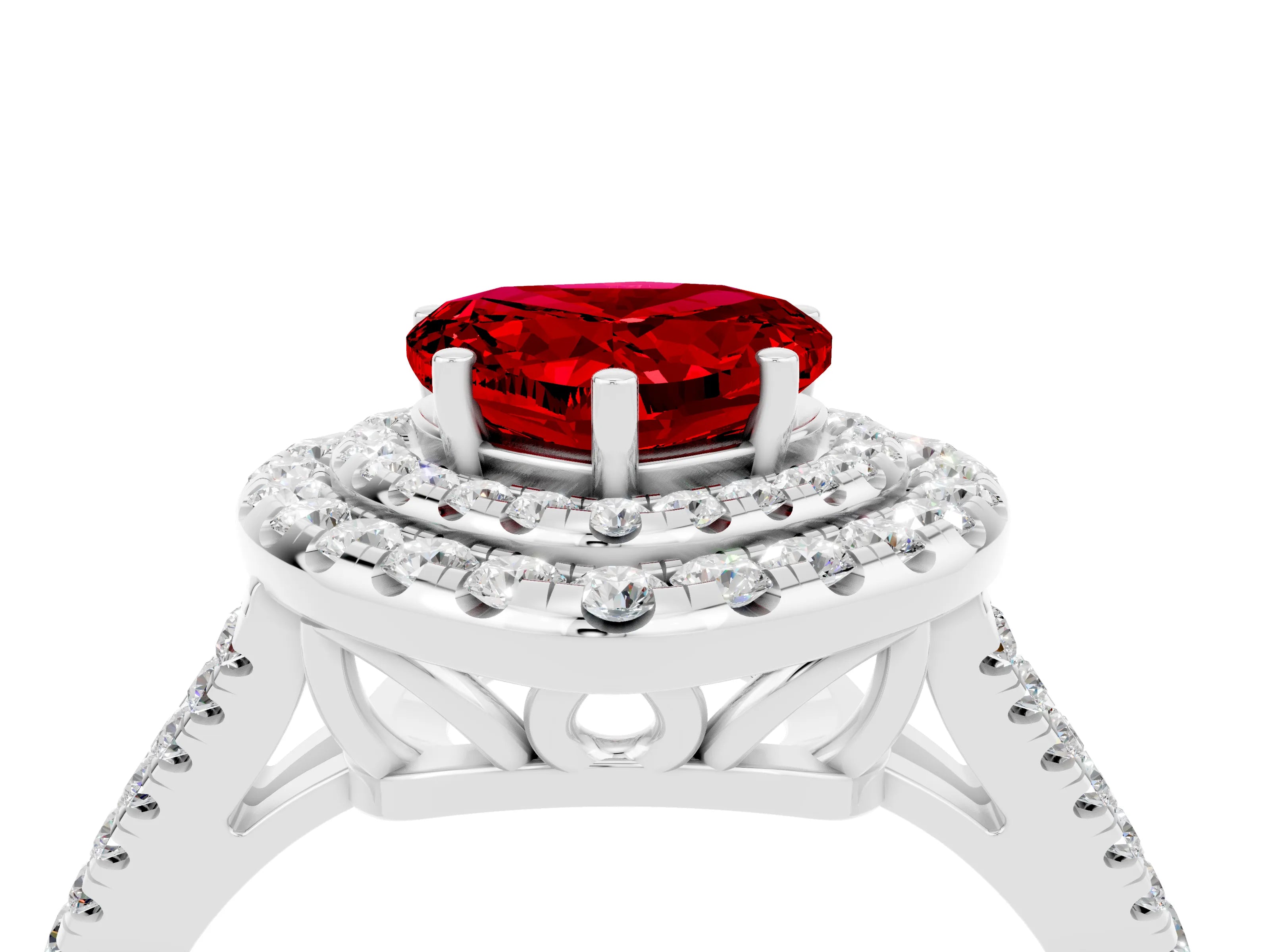 White gold Heart Cut Ruby Double Halo Ring with Pavé Band and Prong Setting_16