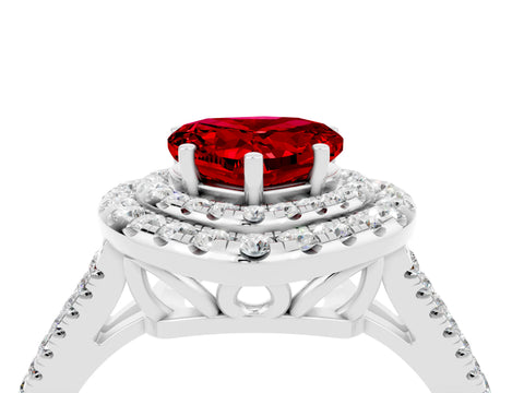 White gold Heart Cut Ruby Double Halo Ring with Pavé Band and Prong Setting_16