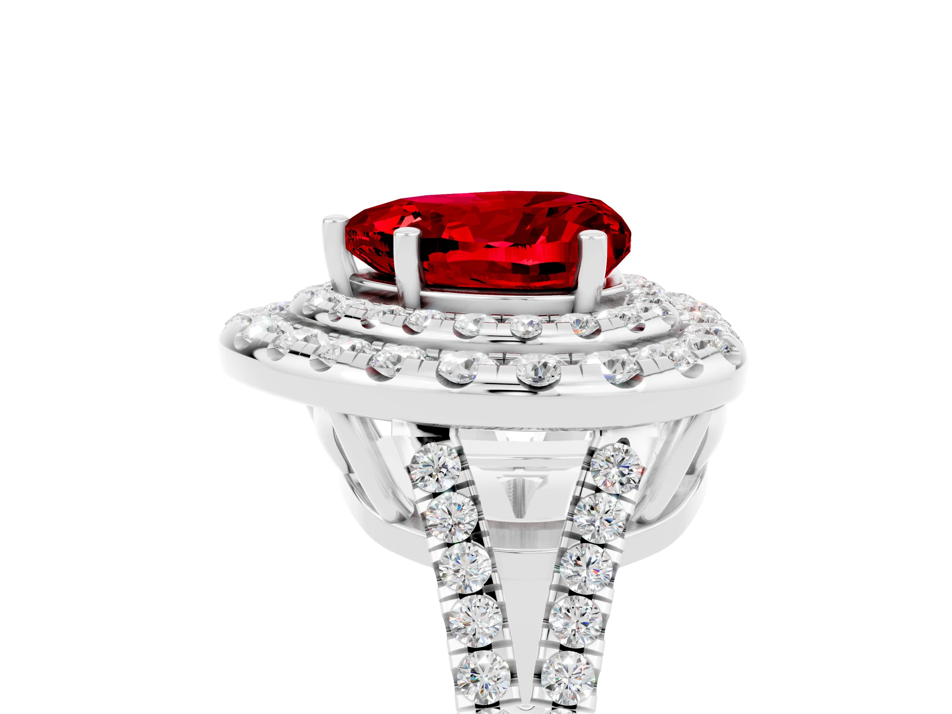 White gold Heart Cut Ruby Double Halo Ring with Pavé Band and Prong Setting_17