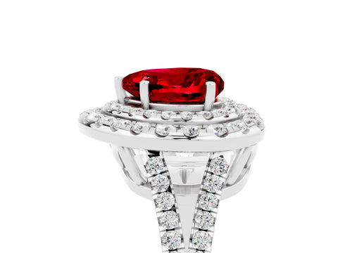 White gold Heart Cut Ruby Double Halo Ring with Pavé Band and Prong Setting_17